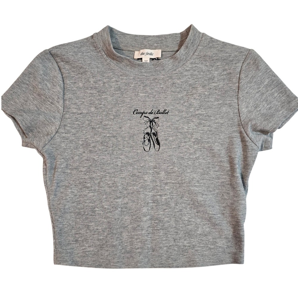 The Frolic Grey Ribbed Cropped Tee Ballet Shoes Comps de Ballet Graphic‎ US 6